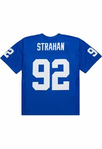 Maillot de sport bleu avec le numéro 92 en blanc au dos et sur les manches, et le nom "STRAHAN" au-dessus du numéro.