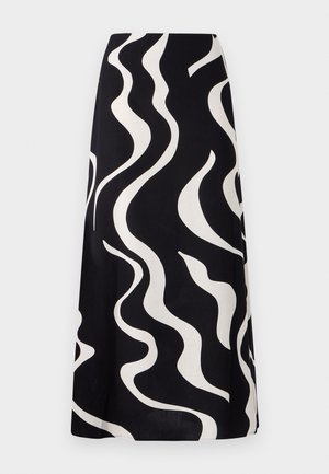 Czarna spódnica z białymi falistymi wzorami. Wykonana z lekkiego materiału, ma zwiewny krój i prostą linię. Idealna na codzienne wyjścia.