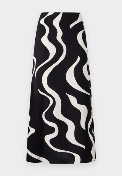 Jupe noire avec des motifs ondulés blancs. Fabriquée en tissu léger, elle possède un design fluide et une coupe droite. Idéale pour une tenue décontractée.