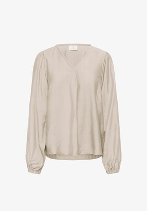 Heledbeez värvi pikad varrukad blousee V-kaelusega, pehme tekstuuriga, volangvarrukatega ja laia lõikega. Brändi silt on nähtav kaeluse juures.