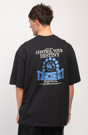 Black cotton t-shirt featuring a blue graphic print on the back, text "Control Your Destiny" and detailed design elements. Short sleeves, relaxed fit.