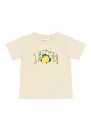 Tricou din bumbac bej cu un grafic verde și galben "LEMON" și o ilustrație cu lămâie. Mânici scurte și croi standard.