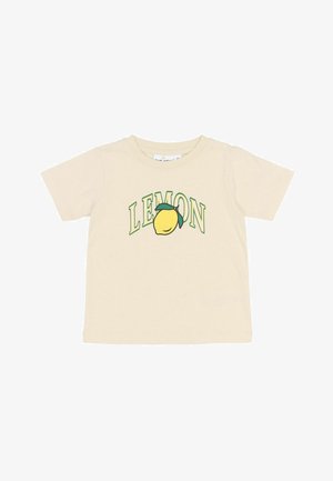 Beige Baumwoll-T-Shirt mit einem grünen und gelben "LEMON"-Grafik und einer Zitronenillustration. Kurzärmlig und mit normaler Passform.