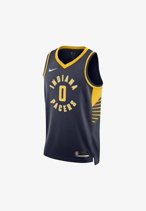 Sötétkék kosárlabda mez sárga kiegészítőkkel, amelyen az "INDIANA PACERS" felirat és a "0" szám található kiemelkedő betűkkel. Nike logó a vállon, csíkos minta az oldalon.