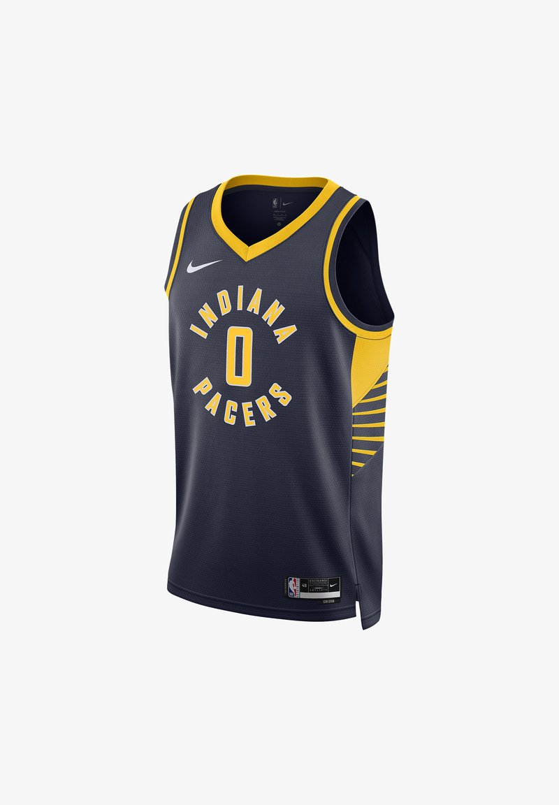 Mørkeblå basketballtrøye med gule detaljer, med "INDIANA PACERS" og nummer "0" i fet skrift. Nike-logo på skulderen, stripemønster på siden.