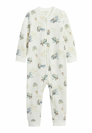 Witte babyromper met blauwe vintage vliegtuigen en teddyberen die parachutespringen tussen de wolken, voorzien van een rits aan de voorkant en lange mouwen.