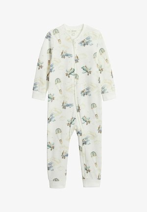 White baby romper with blue vintage airplanes and teddy bears parachuting among clouds, featuring front zipper and long sleeves.
