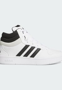 White high-top sneakers with black accents, featuring three black stripes, textured fabric details, and a rubber sole. Laces are white.