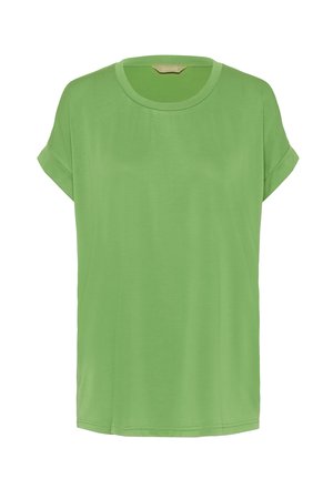Grünes kurzärmeliges T-Shirt aus glattem Stoff, mit Rundhalsausschnitt und aufgekrempelten Bündchen, geradem Saum und dezentem Glanz.