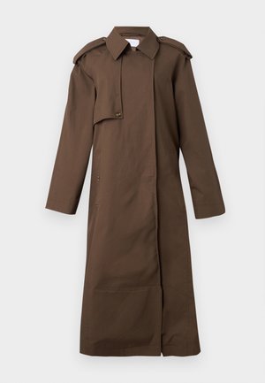 Kerge materjalist pruun trench coat, millel on suur krae, õlavarre epauletid, pikad varrukad ja küljetaskud.