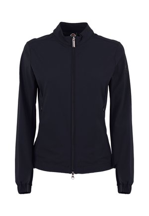 Giacca nera a maniche lunghe con zip, colletto alto, polsini elasticizzati, due tasche laterali con zip e un piccolo logo sulla manica sinistra.