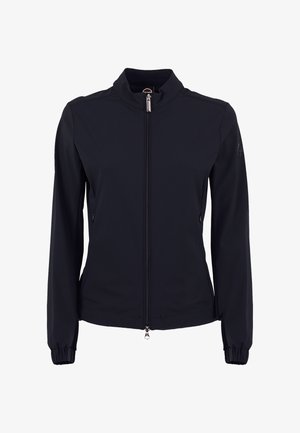 Zwarte lange mouwen jas met ritssluiting, hoge kraag, elastische manchetten, twee ritssluitingen aan de zijkanten en een klein logo op de linkermouw.