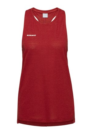 Débardeur de sport rouge sans manches avec le logo blanc "Mammut" sur le côté gauche de la poitrine et un dos nageur.