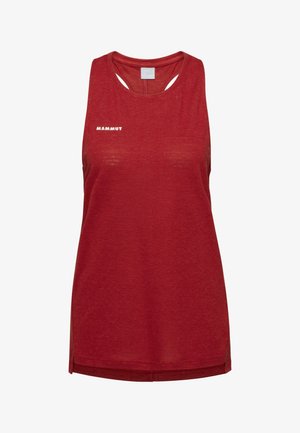 Débardeur de sport rouge sans manches avec le logo blanc "Mammut" sur le côté gauche de la poitrine et un dos nageur.