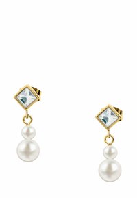 Boucles d'oreilles en ton or avec une pierre carrée aqua en haut et deux perles en dessous, dotées d'une finition lisse et polie et d'un design élégant en pendeloque.