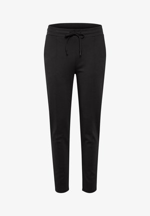 Crne trenirke od mekog materijala, s pojasom na vezanje, bočnim džepovima i suženim dizajnom nogavica.