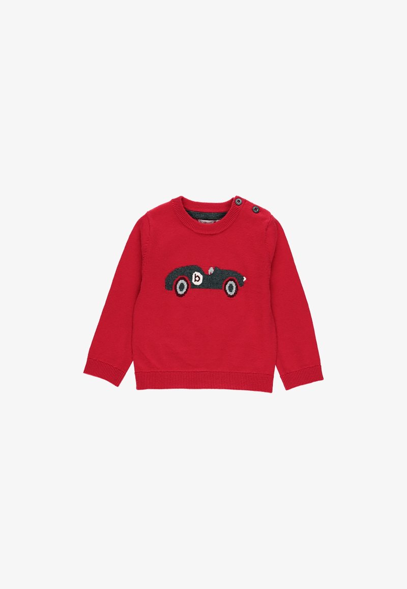 Pull en tricot rouge à manches longues, avec un design de voiture noire sur le devant et deux détails de boutons sur l'épaule.