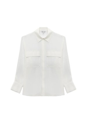 Valkoinen nappipaita, joka on valmistettu kevyestä kankaasta, jossa on kaulus, pitkät hihat ja kaksi rintataskua. Murea rakenne, minimalistischinen muotoilu.