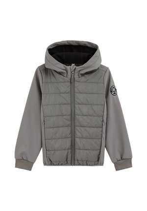 Veste enfant grise à capuche avec devant matelassé, fermeture éclair, poignets élastiques et écusson rond sur la manche gauche en haut.