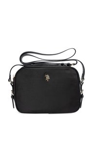 Borsa a tracolla nera in tessuto con hardware dorato, forma rettangolare, tracolla regolabile e un piccolo emblema dorato sul davanti.