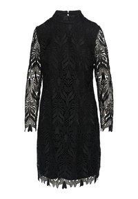 Schwarzes Spitzenkleid mit hohem Kragen und dreiviertellangen Ärmeln. Verfügt über kunstvolle Blumenmuster und einen gewellten Saum.