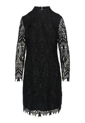 Schwarzes Spitzenkleid mit hohem Kragen und dreiviertellangen Ärmeln. Verfügt über kunstvolle Blumenmuster und einen gewellten Saum.