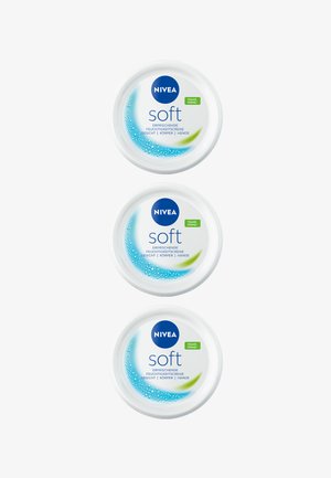 Three circular NIVEA Soft cream jars in white, featuring blue accents, water droplet design, and green "vegan formula" label.