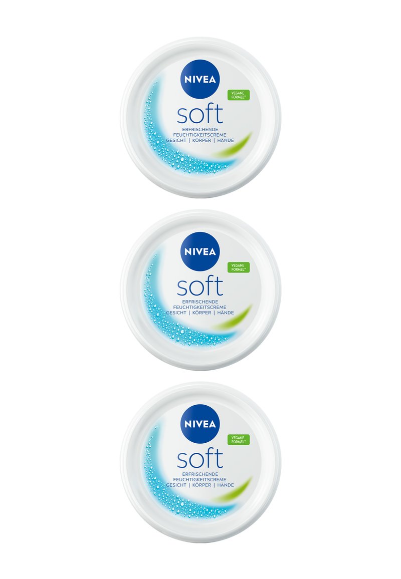 Three circular NIVEA Soft cream jars in white, featuring blue accents, water droplet design, and green "vegan formula" label.