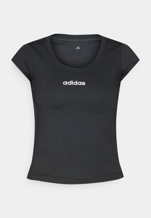 Črna prilegajoča majica s kratkimi rokavi in okroglim izrezom, izdelana iz gladkega blaga. Na sprednji strani ima bel logotip "adidas".