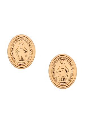 Para złotych owalnych kolczyków z wypukłą postacią religijną i otaczającym napisem na gładkim tle.