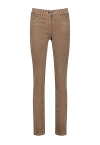 Pantalon en velours côtelé marron à coupe slim, avec cinq poches, une fermeture par bouton et des rayures texturées sur tout le tissu.