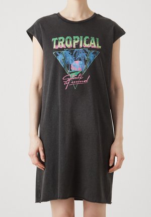 Robe d'été noire sans manches avec texte coloré "TROPICAL State of mind" et graphique de palmier sur le devant.