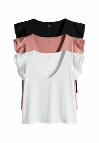 Sada troch dámskych tričiek v bielej, ružovej a čiernej farbe. Každé má krátke volánové rukávy a hlboký výstrih do V s jemnou textúrou.