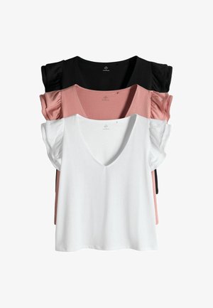 Dreier-Set Damen-T-Shirts in Weiß, Pink und Schwarz. Jedes hat kurze, gerüschte Ärmel und einen tiefen V-Ausschnitt mit weicher Textur.
