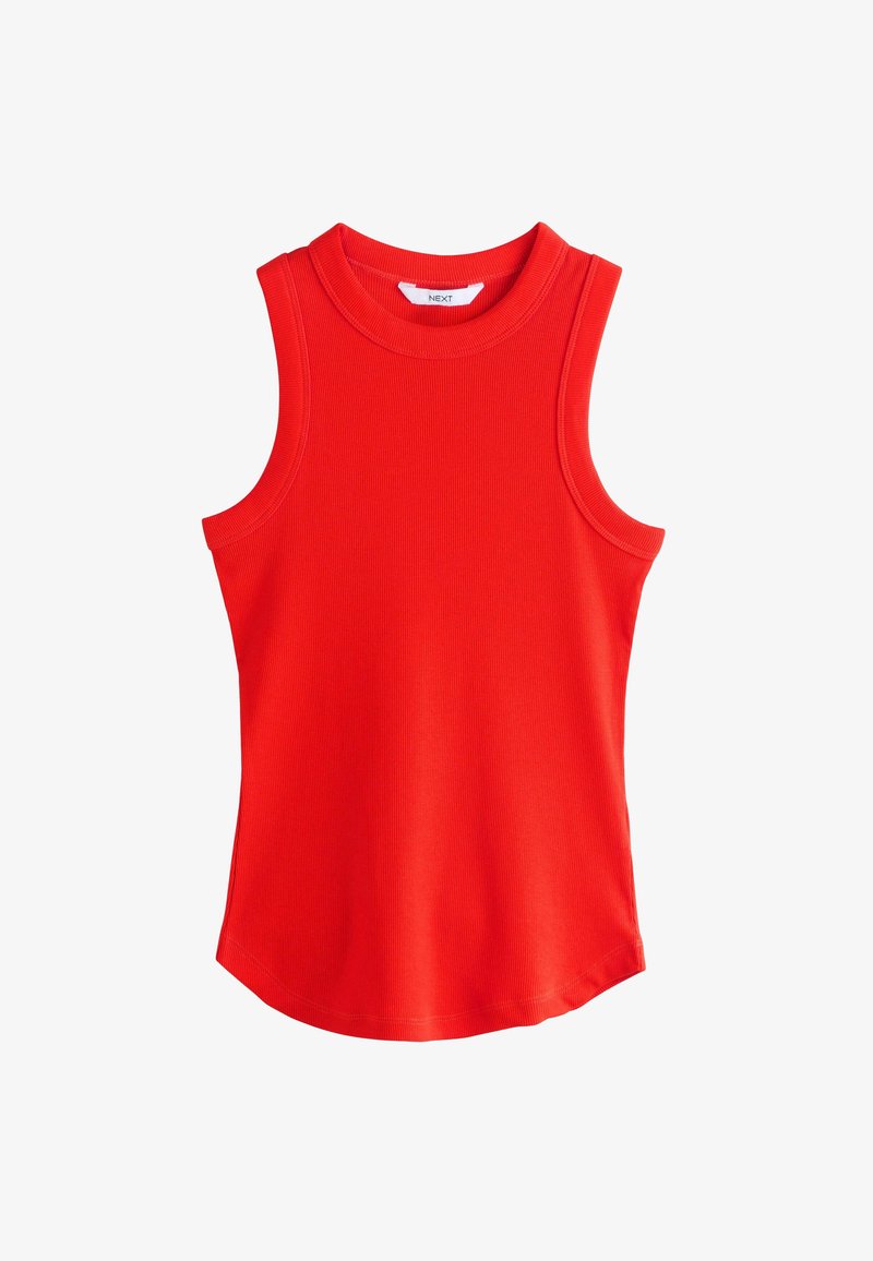 Rood geribd tanktop met mouwloos ontwerp, brede ronde halslijn en een licht gebogen zoom. Soepele textuur, gemaakt van rekbare stof.