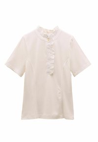 Bluză albă cu mânecă scurtă, cu un tiv cu volane și un guler înalt. Fabricată dintr-un material neted, cu o textură uniformă.