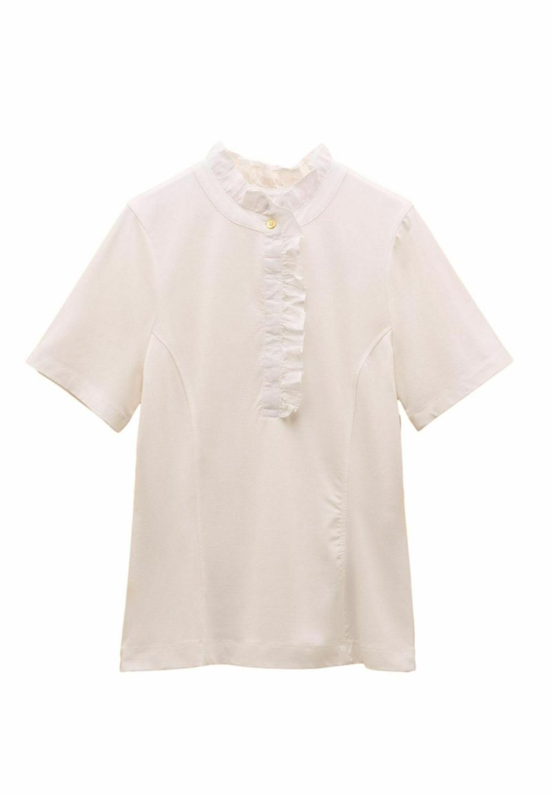 Bluză albă cu mânecă scurtă, cu un tiv cu volane și un guler înalt. Fabricată dintr-un material neted, cu o textură uniformă.