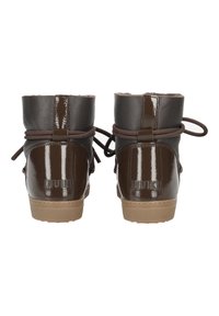 Brown synthetic ankle boots with a glossy finish, featuring light brown fur lining, rounded toe, and brown laces at the back.