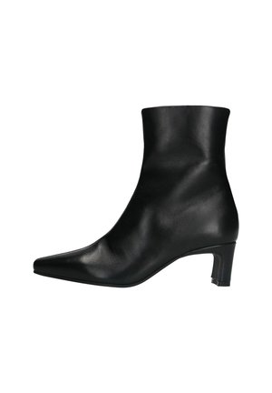 Black leather ankle boot with a pointed toe, smooth texture, and a mid-height block heel. Sleek and minimal design.