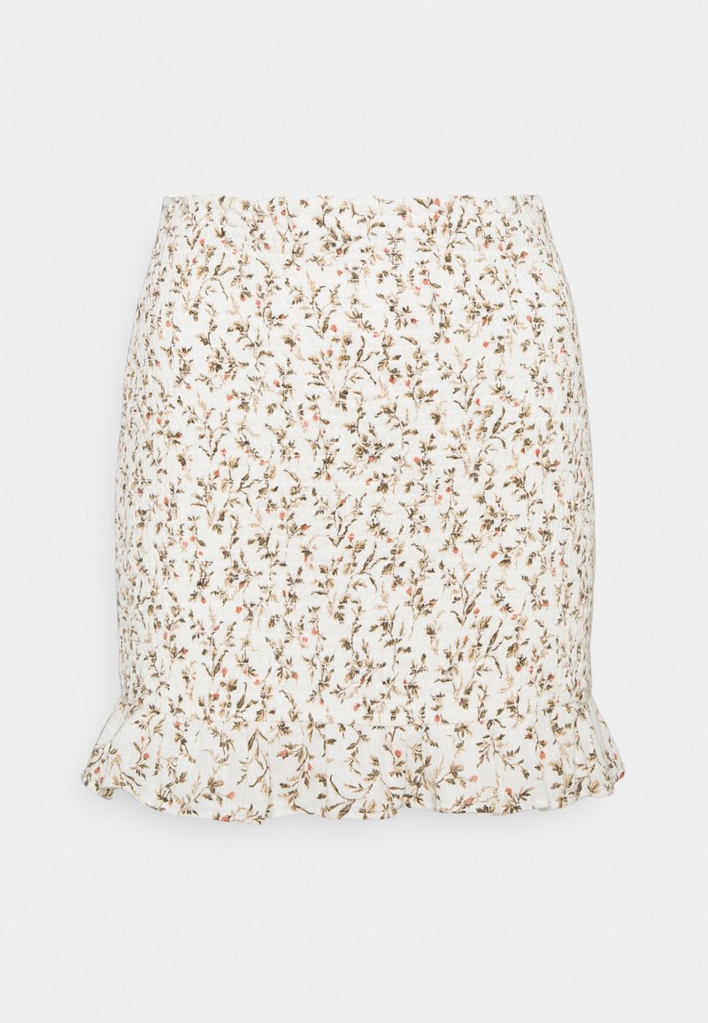 Hvid miniskørt med blomsterprint i brune og lyserøde nuancer, med smocket talje og flæseforsyne.