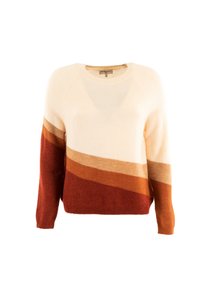 Pull à col rond avec des manches longues en crème, rouille, orange et blocs de couleur diagonaux marron, tissu tricoté, style décontracté.
