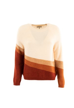 Pullover con scollo tondo e maniche lunghe in crema, ruggine, arancione e blocchi di colore marrone diagonali, tessuto lavorato a maglia, stile casual.