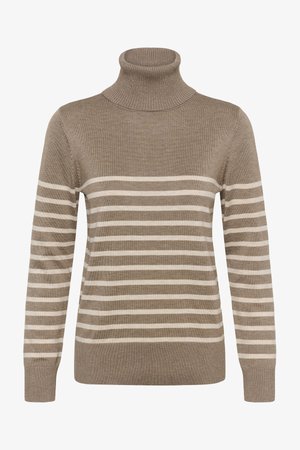 Brązowo-beżowy, w paski, długi sweter z golfem i długim rękawem, z prążkowanymi mankietami i kołnierzem.