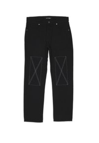 Sorte denimbukser med rett snitt, med hvite broderte diamantmønstre på knærområdene, fem lommer og metallbeslag.