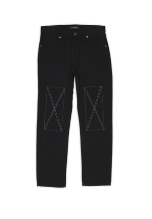 Black denim pants with a straight cut, featuring white stitched diamond patterns on knee areas, five pockets, and metal hardware.