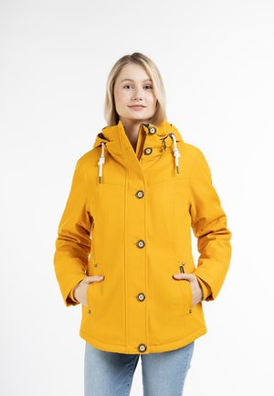 Jachetă galbenă impermeabilă cu glugă; prezintă închideri cu nasturi, accente cu șnur și buzunare laterale; textură netedă și design modern.