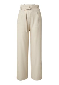 Beige karierte Hochbundhose mit weitem Beinschnitt, ausgestattet mit einem passenden Gürtel und dezenten Falten an der Taille für zusätzliche Details.