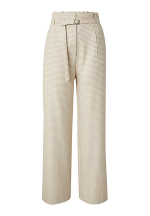 Beige checkered high-waisted trousers with a wide-leg cut, featuring a matching belt and subtle pleats at the waist for added detail.