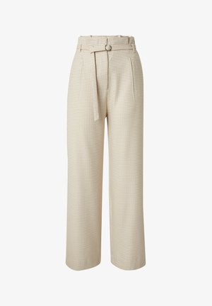 Beige checkered high-waisted trousers with a wide-leg cut, featuring a matching belt and subtle pleats at the waist for added detail.