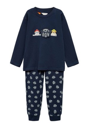 Ensemble de pyjama bleu marine comprenant un haut à manches longues avec un graphique de trois personnages et un pantalon assorti avec un motif ludique de logos.